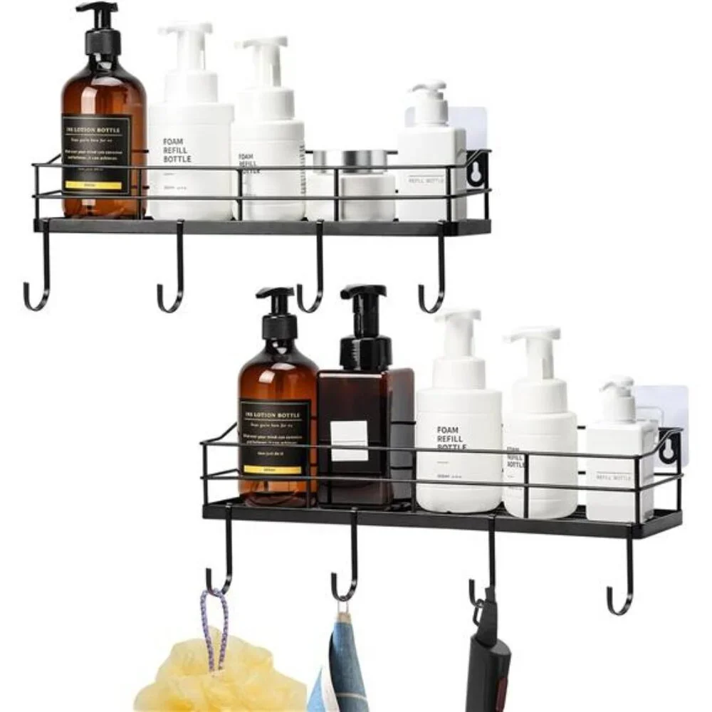 Black Floating Wall Shelves Set of 2 with Hooks Bathroom Kitchen Storage Rack
